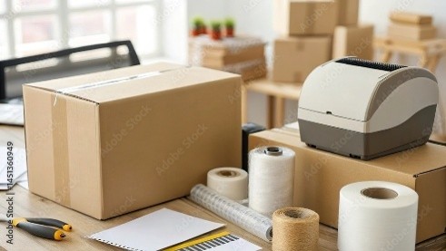 小型プリンターと段ボール箱